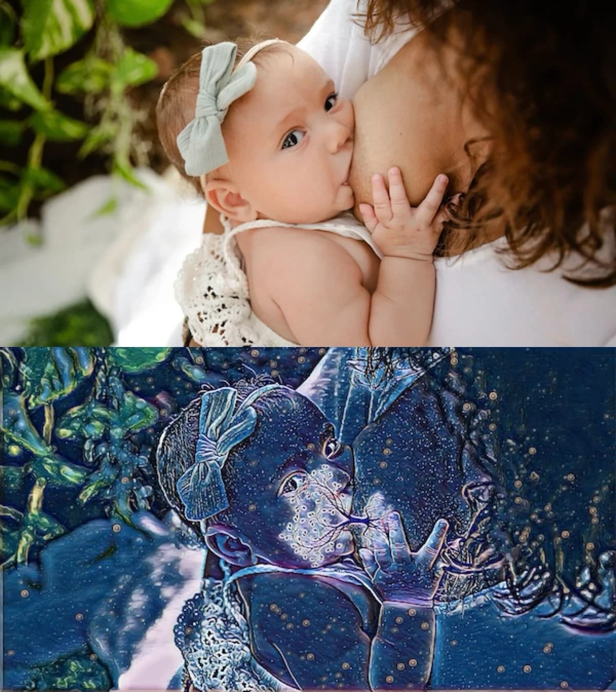 Nursing photo before and after adding a Tree of Life overlay and artistic effect