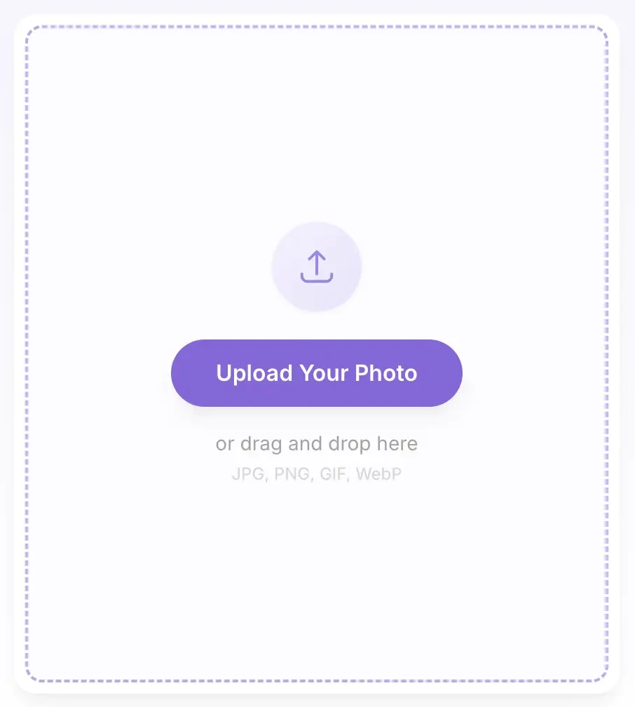 Upload screen showing drag and drop area with Upload Your Photo button
