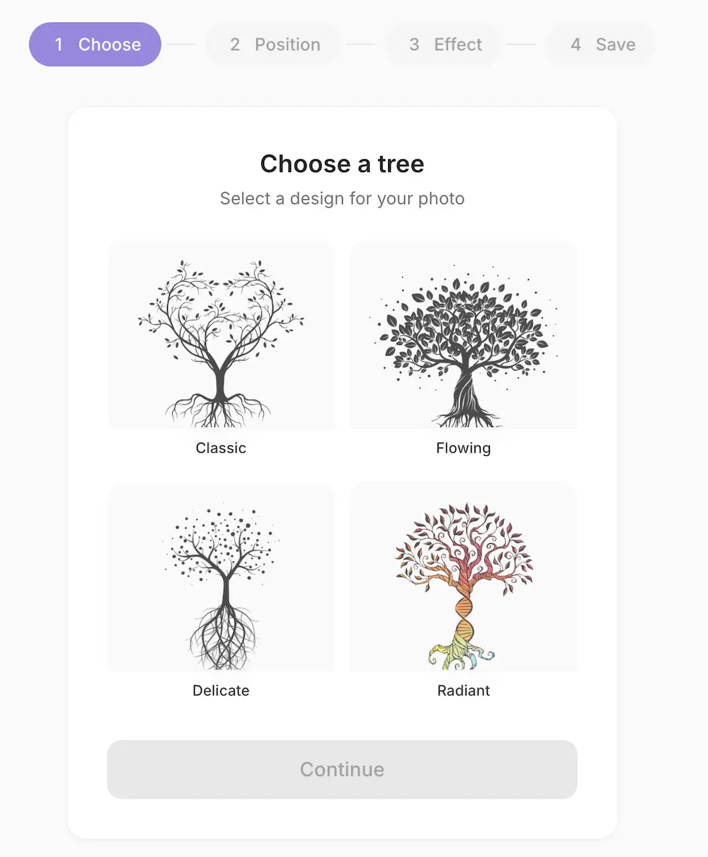 Tree selection screen showing Classic, Flowing, Delicate, and Radiant designs