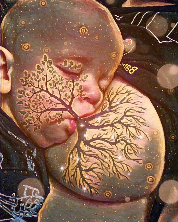Tree of Life photo with mother looking down at nursing newborn, galaxy effect with stars