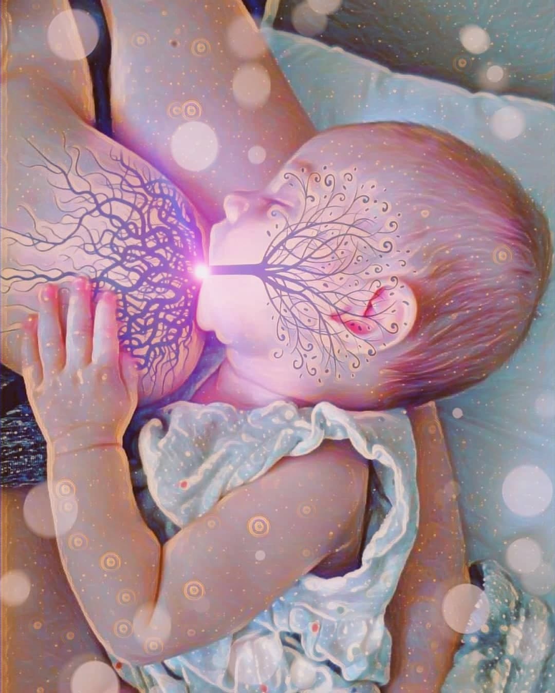 Colorful Tree of Life photo with rainbow effect, mother smiling at baby