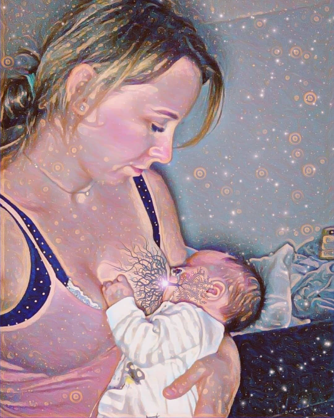 Tree of Life photo with warm golden tones, close crop on baby latching